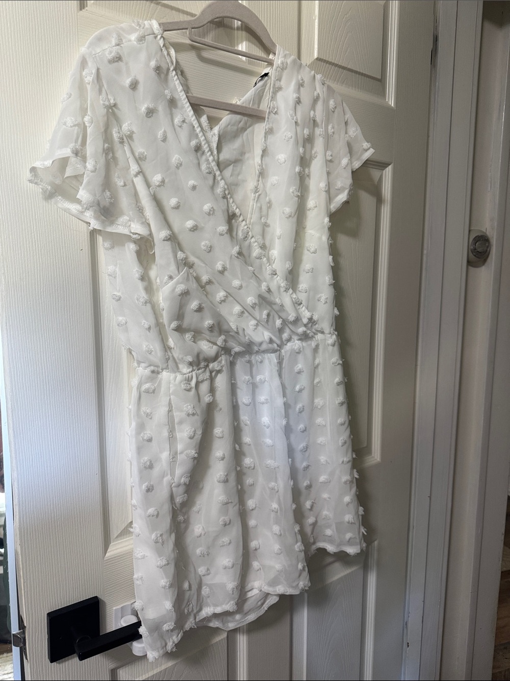 Girls White Textured Swiss Dot Wrap-Style Dress